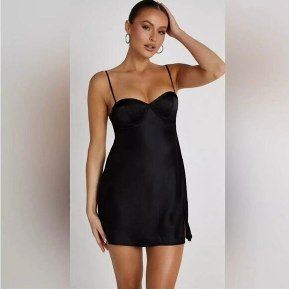 Meshki Zahli Corset Top Stitch Satin Mini Slip Dress Black Size XL Minimalist - Picture 1 of 9
